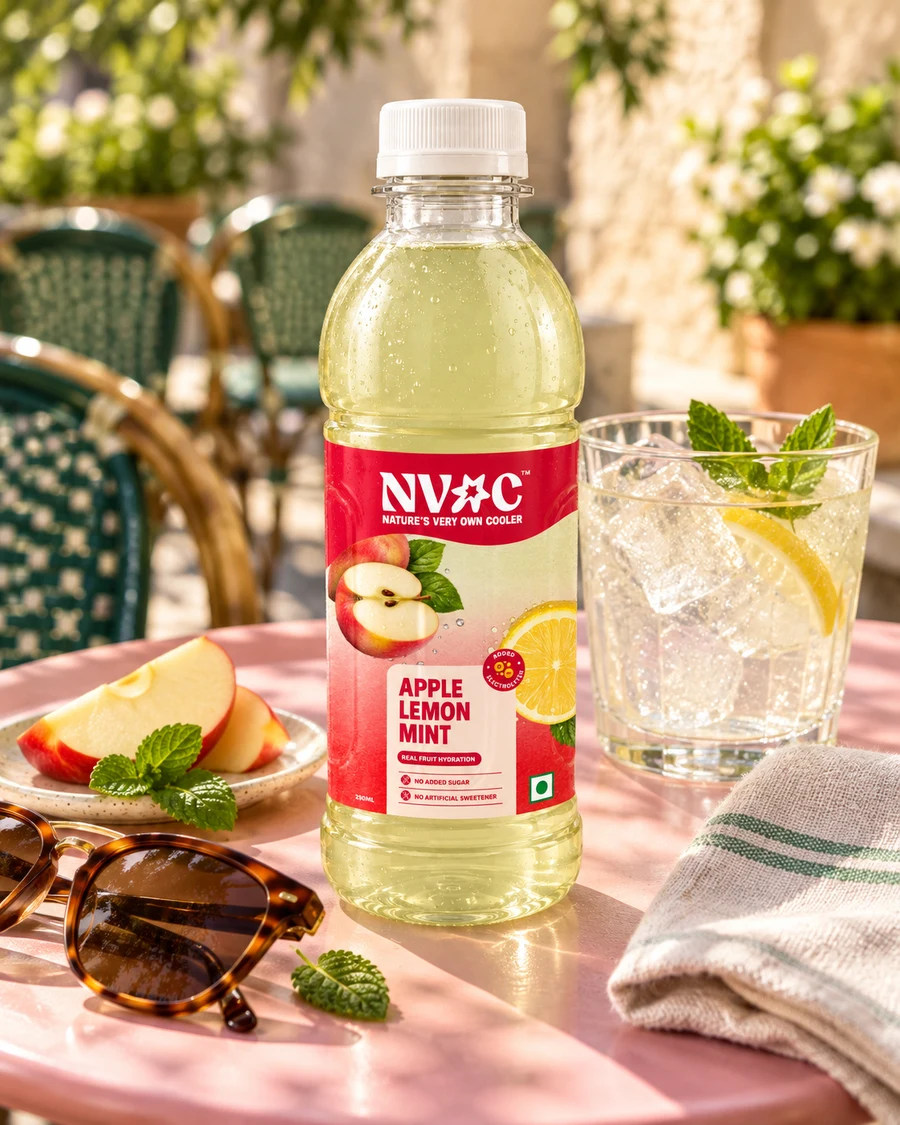 NVOC Apple Lemon Mint on an outdoor cafe table