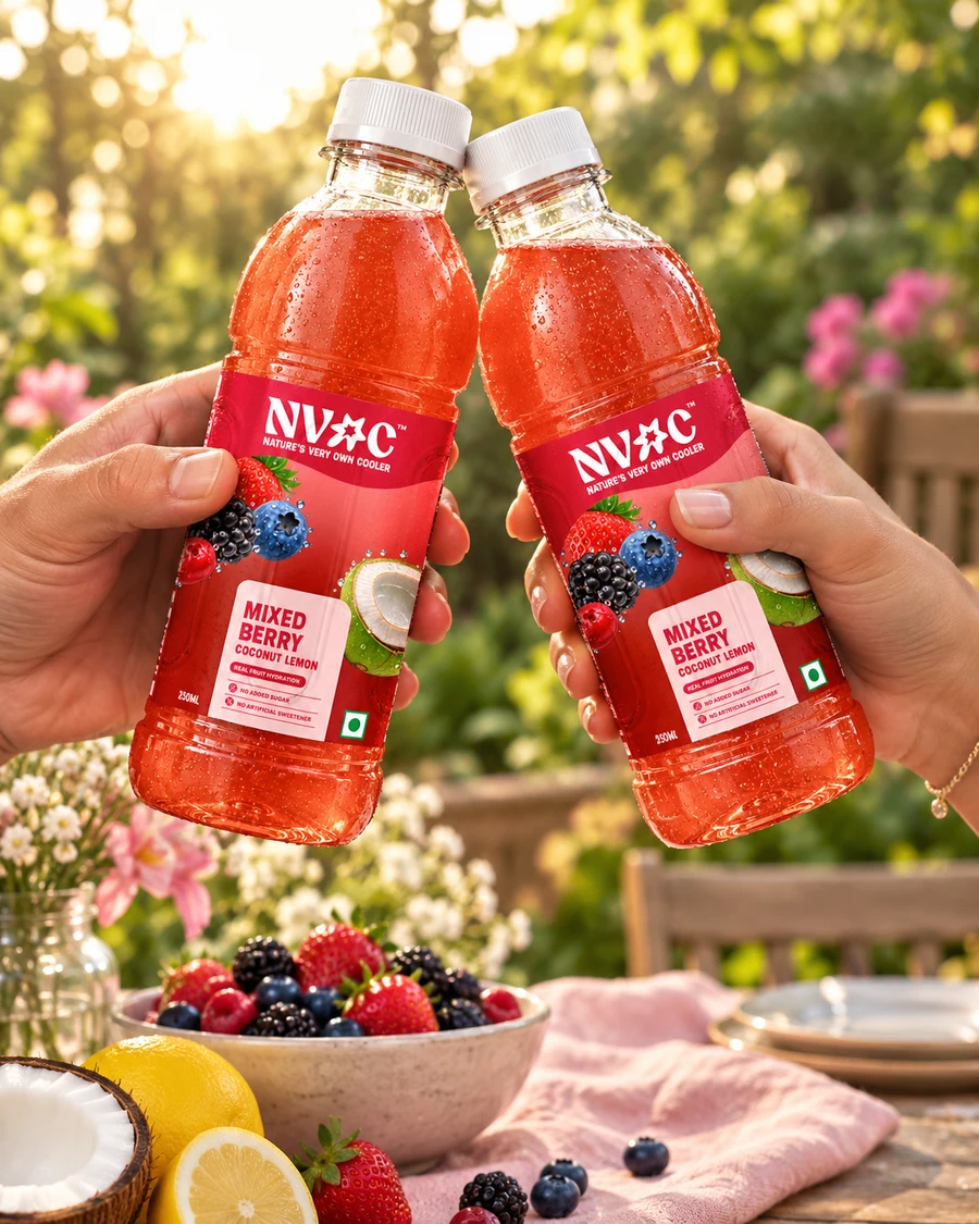 Friends clinking NVOC Mixed Berry Coconut Lemon bottles in a garden