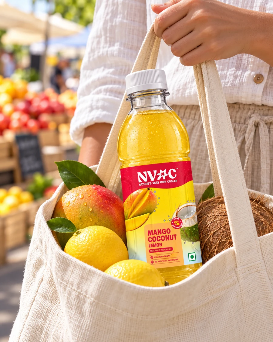 NVOC Mango Coconut Lemon in a canvas market tote