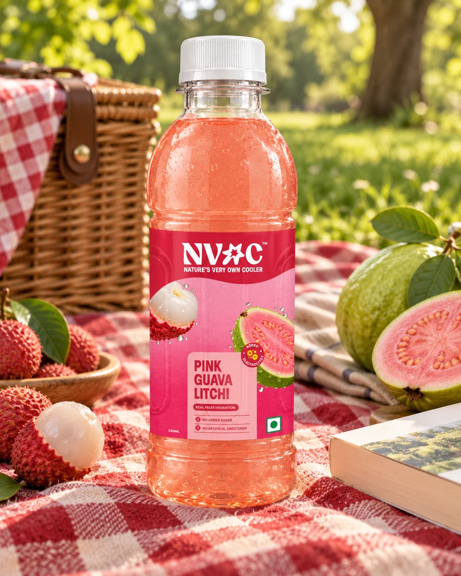 NVOC Pink Guava Litchi on a sunlit picnic blanket