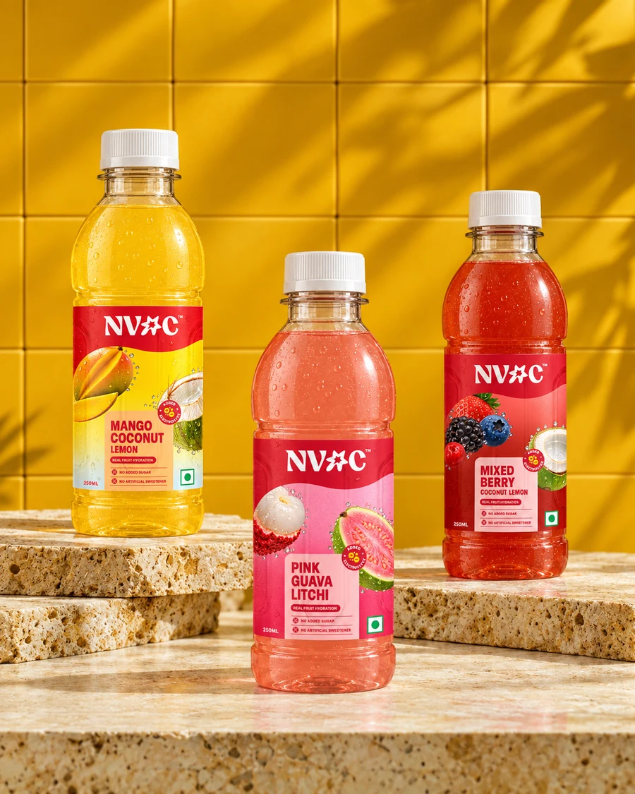 Three NVOC flavours on travertine against sunlit yellow tiles