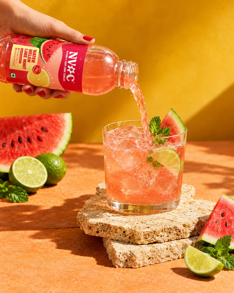 NVOC Watermelon Lime Mint poured over ice with watermelon and mint
